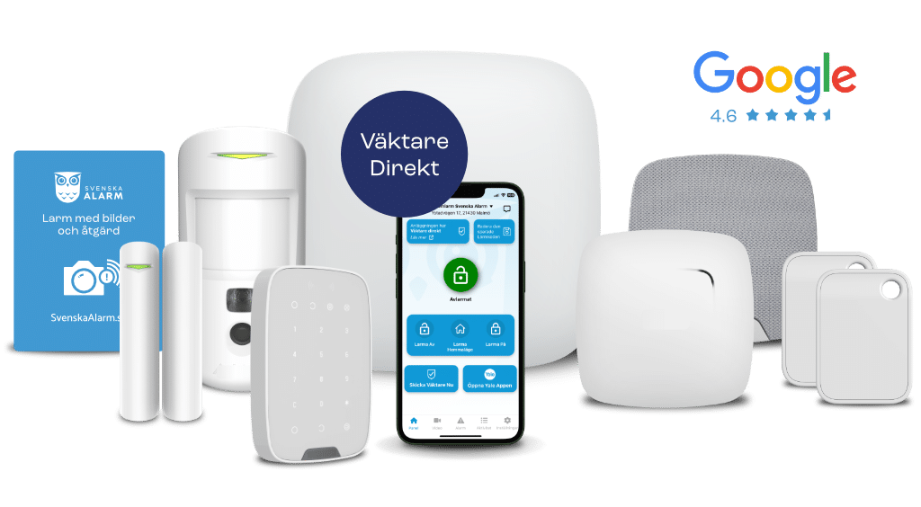 Olika larmkomponenter från Svenska Alarm inklusive centralapparat, kameradetektor, knappsats, dörr- och fönsterkontakt, rökdetektor och larmbrickor från Svenska Alarm