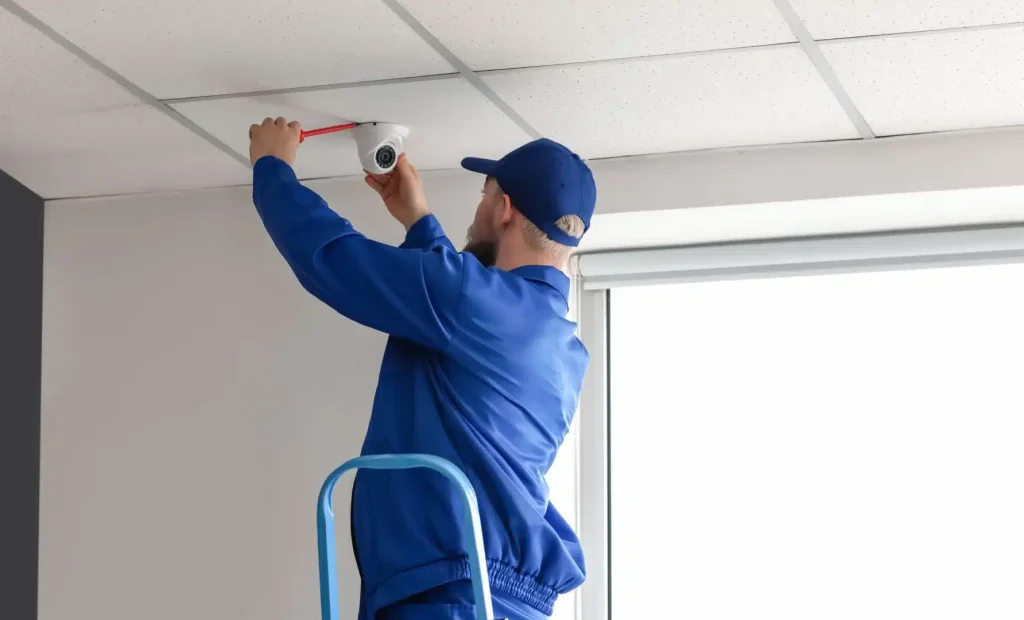 Installatör monterar larmutrustning under en larminstallation från Svenska Alarm, vilket ger säkerhet och skydd på byggarbetsplatser.